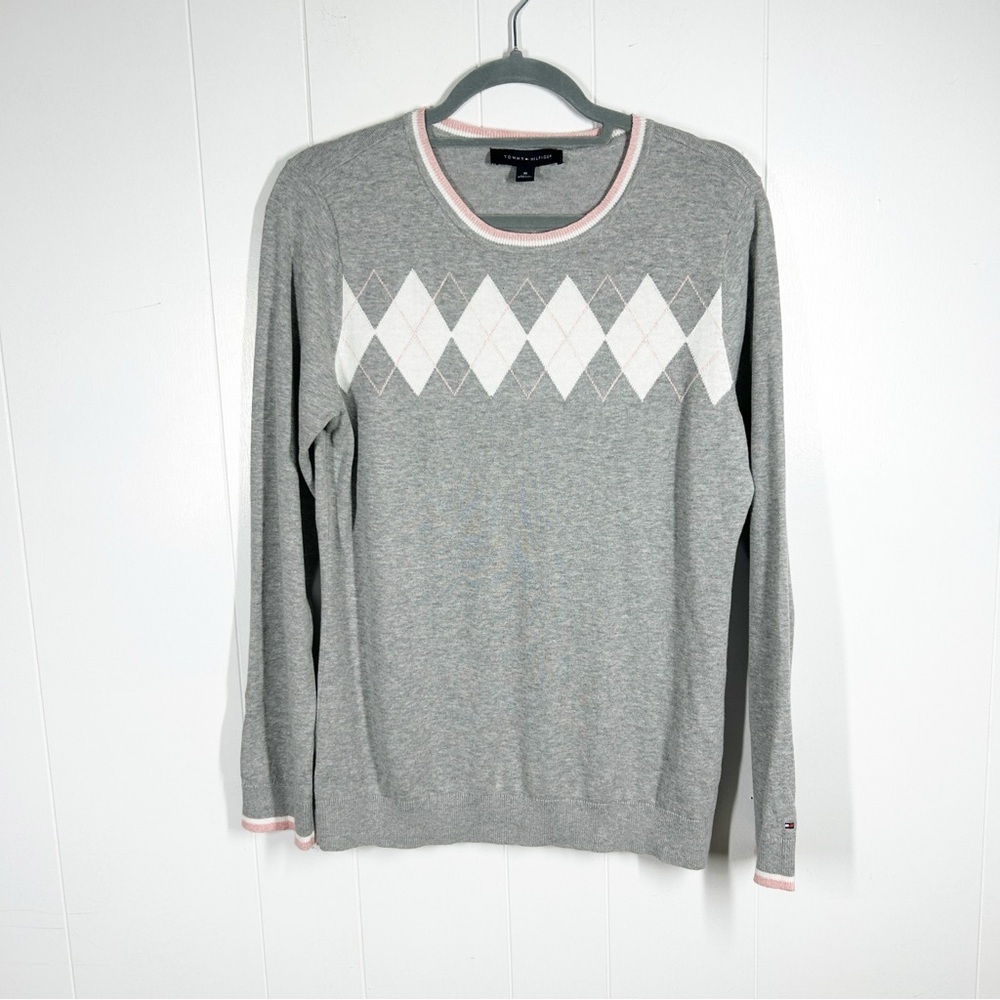 Tommy Hilfiger Gray Argyle Print Long Sleeve Sweater Medium